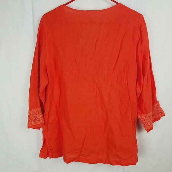 New Sigrid Olsen orange linen tunic top Size Large crocheted lace Lagenlook Boho - Picture 2 of 9
